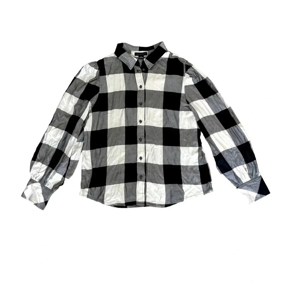 Sanctuary Boyfriend Black Grey Plaid Button Down Shirt Long Sleeve Grunge XL NWT
